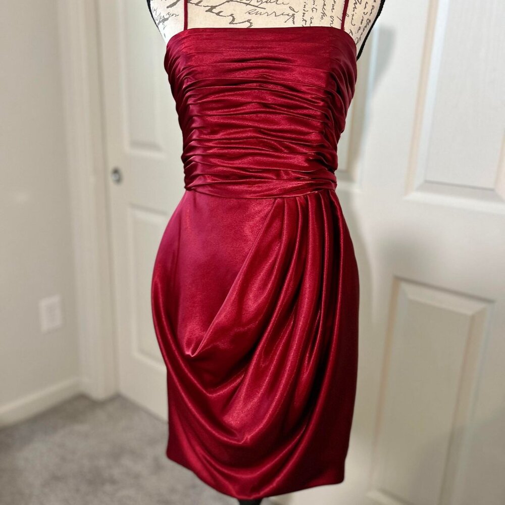 Red Dress Ruched Top Half & Pleated Below with Spaghetti Straps & Zip with Clip